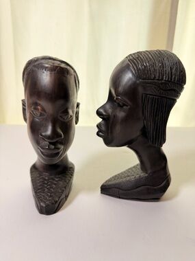 Carved Black Wood Bust Pair - African-Inspired Home Sculpture